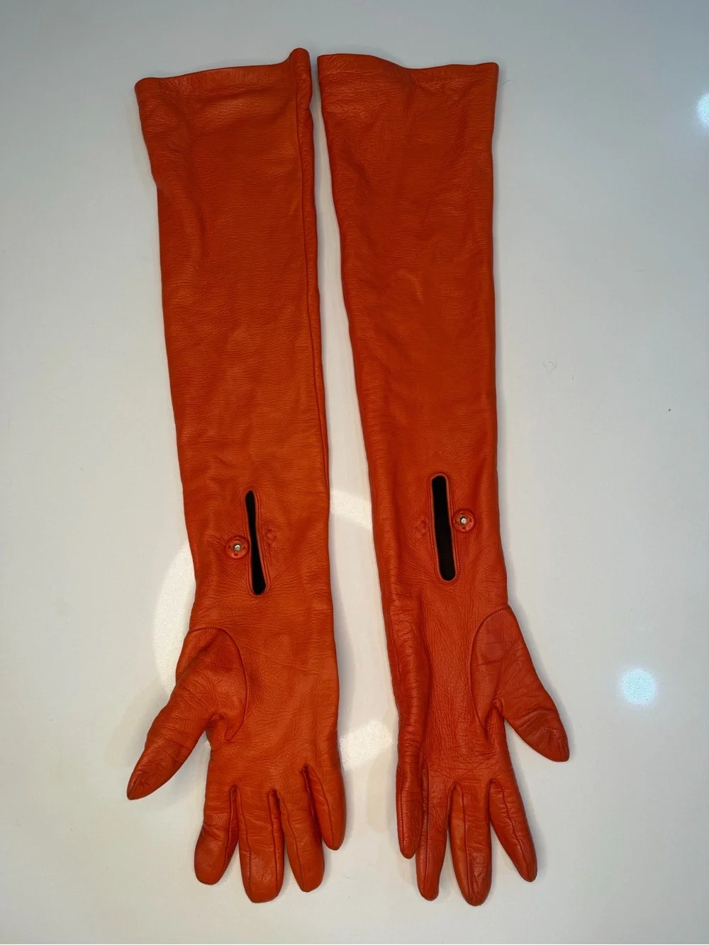 Prada Long Orange Leather Gloves with Triangle Logo Pouch